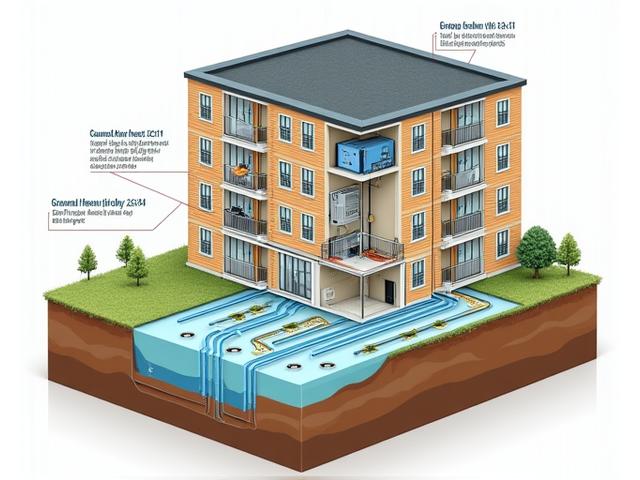 集合住宅の断面図に地熱ヒートポンプシステムと配管、室内ユニットが図解されたイメージ