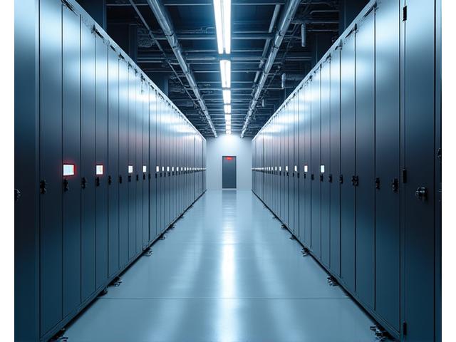 大規模な蓄電池システムが並ぶクリーンなハイテク施設