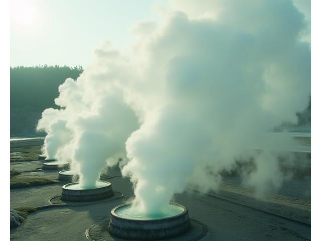 蒸気が上がる地熱発電所のクローズアップ、安定したエネルギー供給を象徴