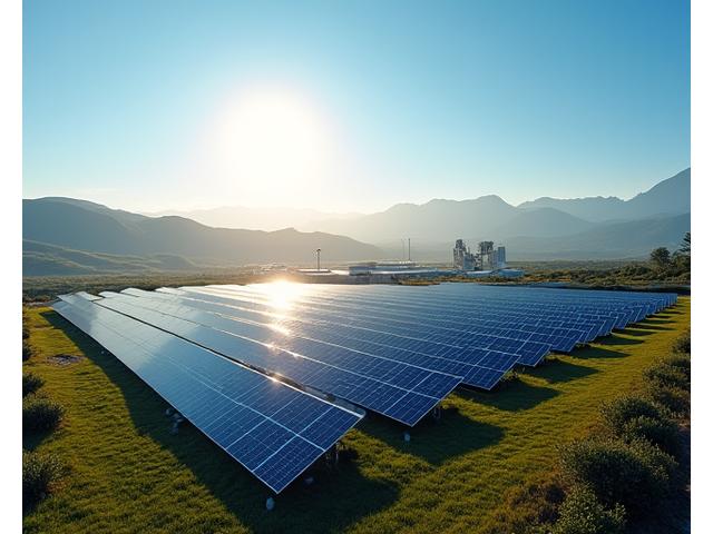 広大な敷地に設置された太陽光パネルと地熱発電所が遠くに見える風景