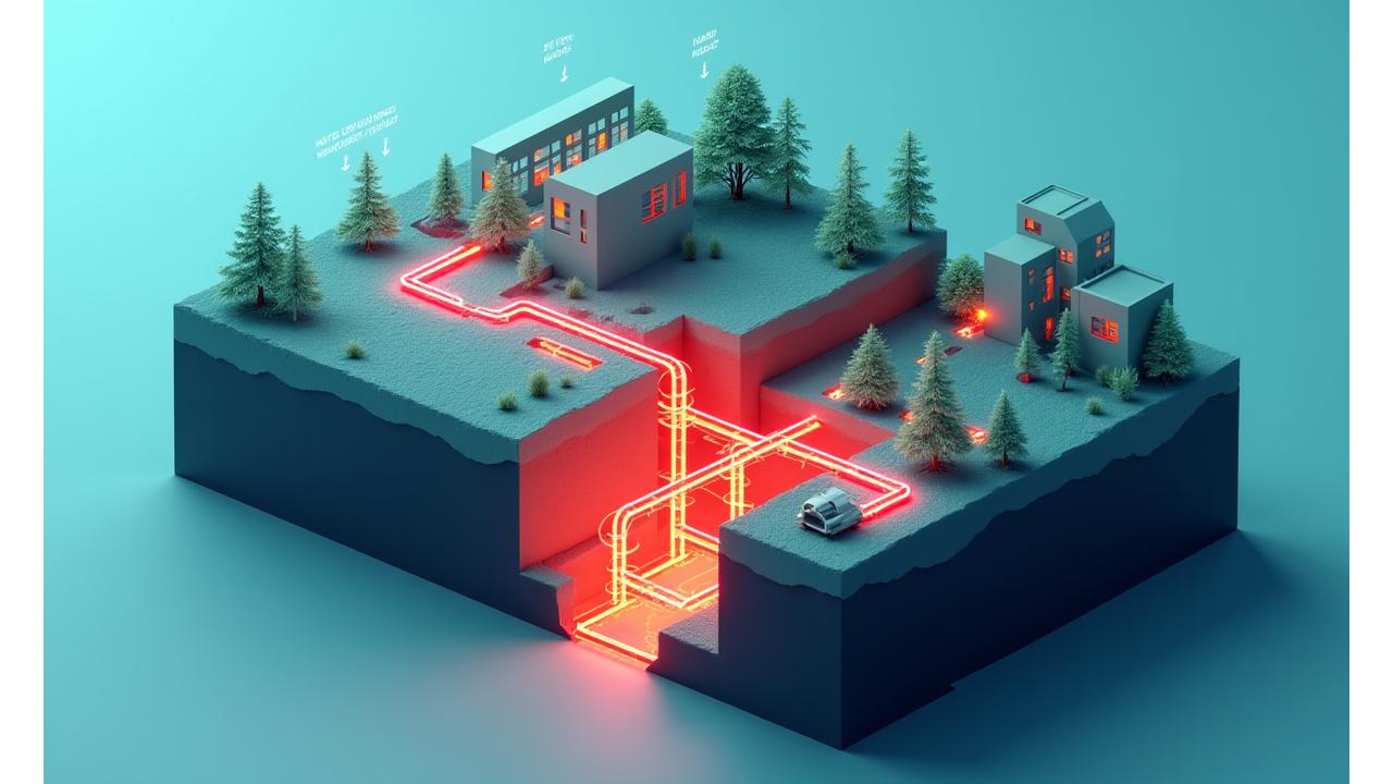 地下の地熱源から地熱発電所を経て地上施設へと熱が供給される3Dインタラクティブモデルのスクリーンショット、分かりやすいアイコン