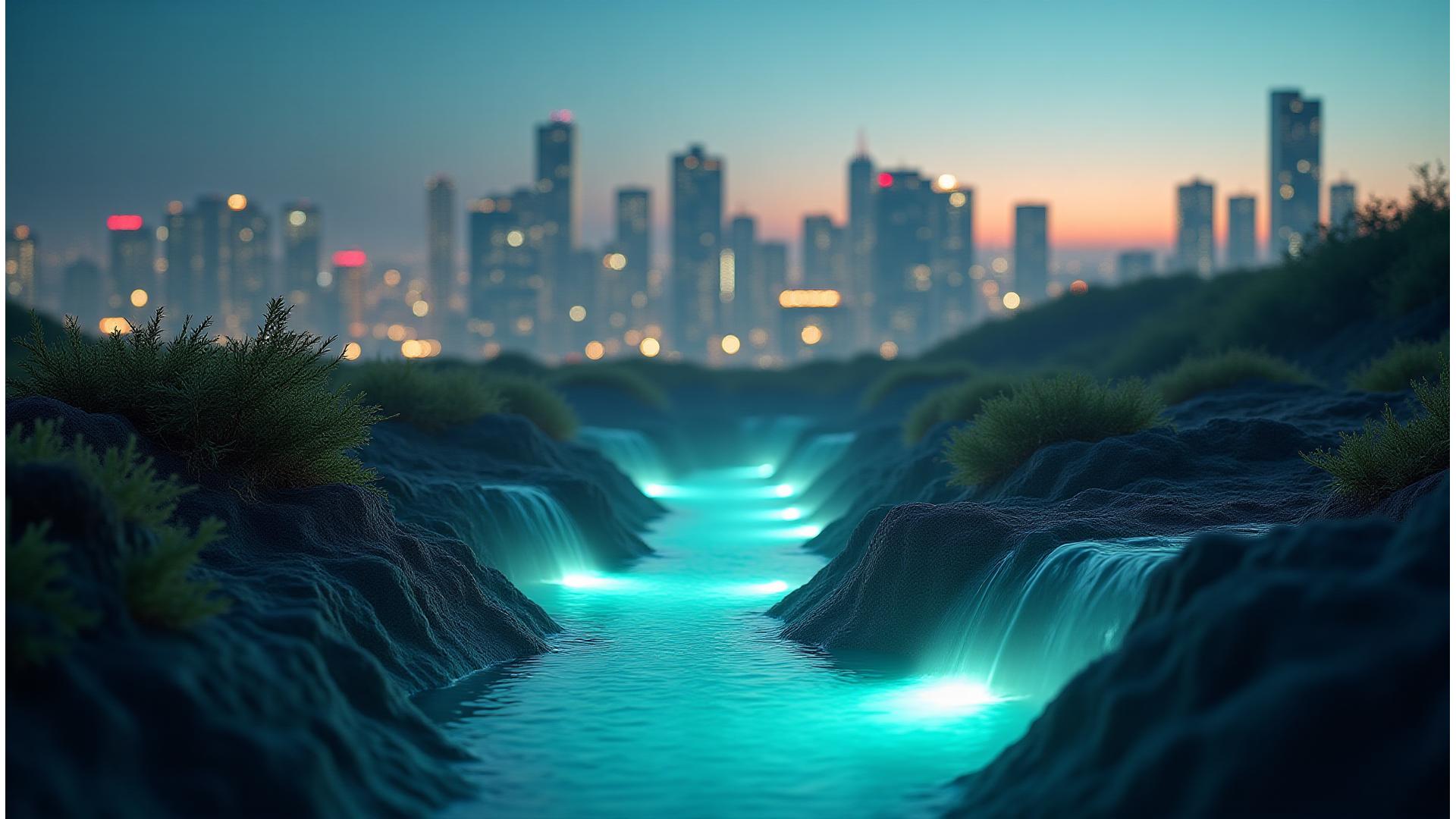 東京の近代的なビル群の地中に広がる地熱パイプのネットワーク、温かい蒸気が立ち上る様子が高効率なエネルギー供給を象徴