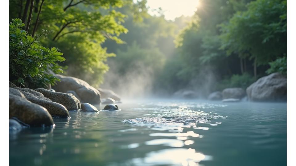 木々の茂る中に佇む露天風呂、湯けむりが立ち上り、リラックスした雰囲気が漂う。地熱発電のロゴがさりげなく配置