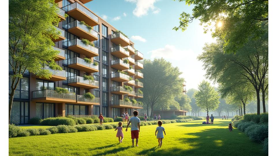 近代的な集合住宅の外観、バルコニーから太陽の光が差し込み、快適な居住環境を象徴