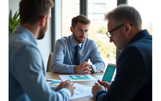 ビジネス会議室で地熱エネルギーの専門家が顧客に説明している様子、図面やタブレットを囲んで