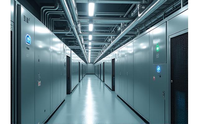 最新のヒートポンプユニットが設置された機械室、クリーンで効率的な印象