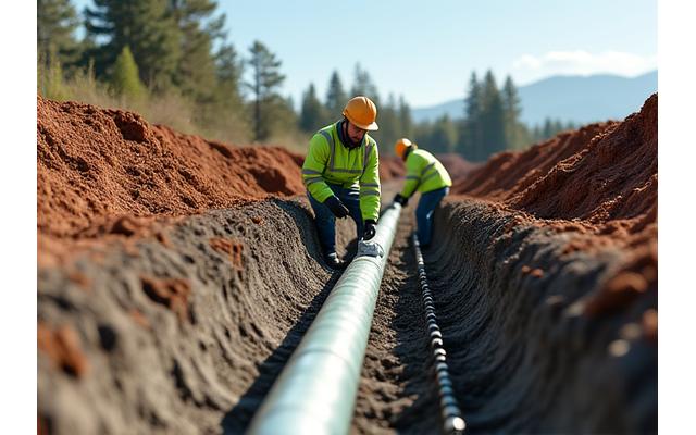 地熱パイプの設置作業風景を示すイラスト、専門家が丁寧に作業する様子