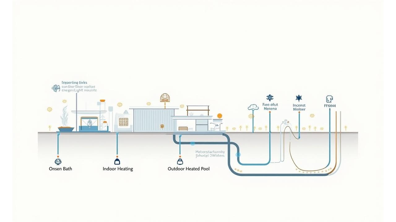 地熱システムが温泉施設の給湯、暖房、プール、厨房に熱を供給する様子を図解したイラスト