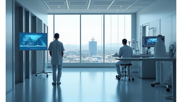 清潔感のある最新設備の整った日本の病院で、手術室の空調システムを示すパネルと、それを確認する医療スタッフ。窓の外には地熱発電所の一部が見える